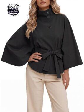Cropped Trench Coat Cape Sleeve Stand Collar Belted Jacket